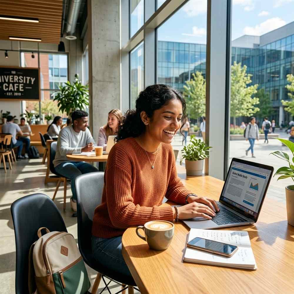 Student working in cafe